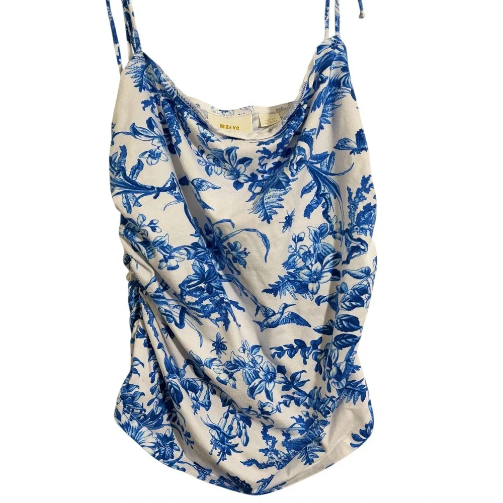 Maeve Anthropologie Blue White Floral Ruched Tie Shoulder Camisole Top SZ Large - Picture 4 of 8